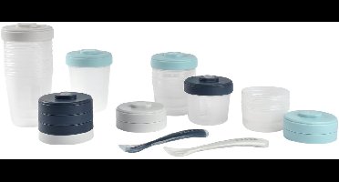 Béaba - Bewaarpotjes - Set van 12 - 2x90ml, 4x150ml, 6x250ml + 2 Siliconen Lepels - Hermetisch - Magnetron - Blauw/Grijs - BPA-vrij