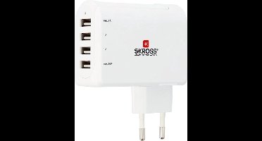 Skross Euro USB Oplader 4 Poorten – Wereldstekker Oplader – 4x USB – 4.8A – Voor Smartphone, Tablet & USB Apparaten