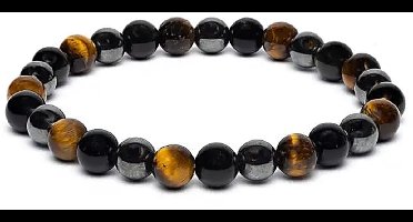 Armband voor brede pols met tijgeroog, hematiet en obsidiaan
