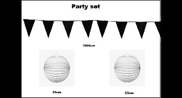 Party set zwart/wit - 1x Vlaggenlijn zwart 1000cm + 2x Lampion wit 25cm -party festival thema feest