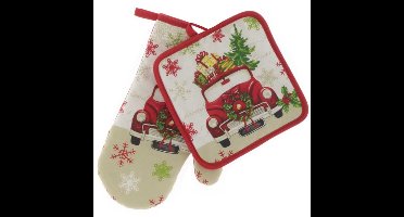Ovenwant en pannenlap met kerst motief rood - Unique Living | Keukenset Jilly car