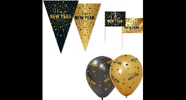 Feestpakket Happy New Year Zwart / Goud – Vlaggenlijn 10 meter + 6 Ballonnen + 50 Prikkers – Golden Celebrations - Versiering Slinger Feestdecoratie Decoratie Verjaardag Jubileum Ballon Feest