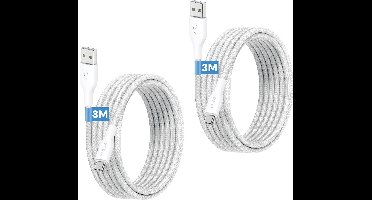 2x oplaadkabel - Usb C naar usb A - data & oplaad kabel - 3 meter - Stevig nylon - Wit - Phreeze
