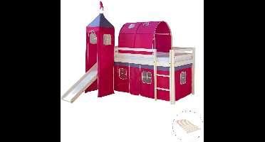 Homestyle4u Hoogslaper - 90x200 cm - met lattenbodem - toren - tunnel - glijbaan en roze gordijn