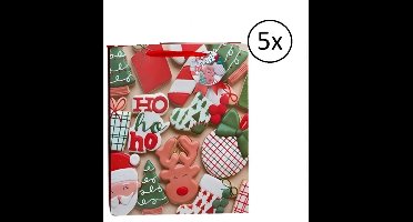 Gerimport Kerst cadeau tasje - 5x - 32 cm - ho-ho-ho en kerstman - inpakken - kerstcadeaus