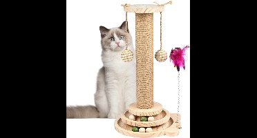 kattenboom_ 44,5 cm, natuurlijk sisal, met houten sokkel_hout