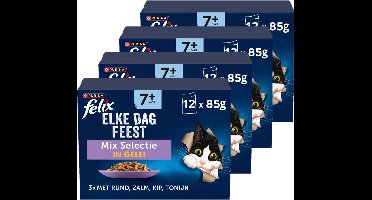 Felix Elke Dag Feest 7+ Senior Mix Selectie - Kattenvoer Natvoer - Zalm Tonijn Kip & Rund - 48 x 85 g