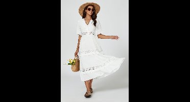 V-hals midi-jurk met kantdetail in wit