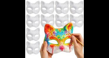 Ruhhy Papier mache maskers kat/poes - set 10x stuks - DIY schilderen - 17 x 18 cm - maskers maken