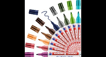 edding 3000 permanent marker - 10 kleuren - 10 stiften - ronde punt 1,5-3 mm - water en wrijfvast - voor karton, kunststof, hout, metaal, etc. - alcohol markers voor volwassenen