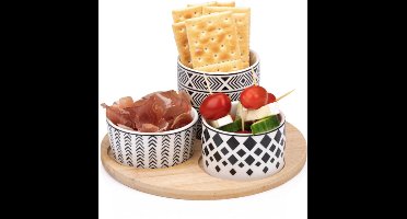 Alpina Ronde Tapasschaal van Bamboe – Ø20 cm – Inclusief 3 Porseleinen Schaaltjes in Verschillende Formaten – Luxe Serveerplank voor Tapas, Snacks & Borrelhapjes