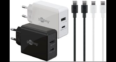 Goobay USB lader set | 2x lader met USB-C PD en USB-A | incl. 2x USB-C kabel | 30W | zwart + wit | 1 meter