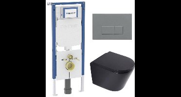 QeramiQ Dely Toiletset - 36.3x51.7cm - diepspoel - rimless - Geberit UP720 inbouwreservoir - softclose toilet zitting 35 mm - bedieningsplaat licht grijs - rechthoekige knoppen - mat zwart