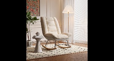 Design Schommelstoel - Moderne Fauteuil met Dik Kussen - Hout en Metaal - Crème & Grijs