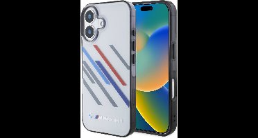 BMW Back cover iPhone 16 - Semi-transparant grijs - Schokbestendig - Sportief design met M Motorsport strepen
