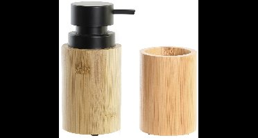 Items badkamer accessoires set - drinkbeker - zeeppompje 16 cm - bamboe hout