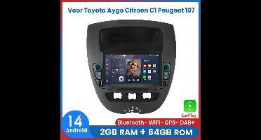 Awesafe Autoradio - Geschikt Voor Toyota Aygo Citroen C1 PEUGEOT 107 2005 t/m 2014 - 2GB RAM + 64GB ROM - Draadloos CarPlay & Android Auto - Android 14.0 - Bluetooth & WiFi - GPS Navigatie