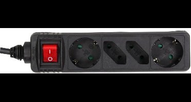 Stekkerdoos met 4 contacten (2+2) en schakelaar / zwart - 3 meter