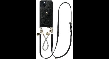 AVY Leren Hoesje geschikt voor Apple iPhone 15 | Met Koord en Magnetische Kaarthouder | Compatibel met MagSafe | Leather Case met 30CM & 130CM Koord & Wallet | Leather and Silver | Zwart