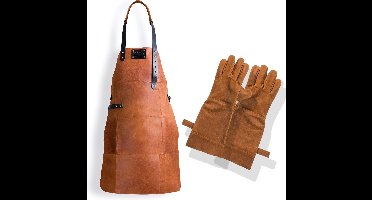 Leren Schort + Leren Handschoenen - Lederen Schort – LICHT BRUIN (Cognac) - Kokschort - BBQ Schort - Kookschort - Vaderdag - Kerst Cadeau voor Man Vader Opa Papa – 81 cm x 56 cm Inclusief Handschoenen voor de Barbecue