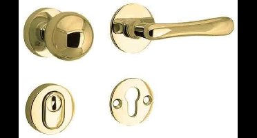 Veiligheidsgarnituur - Messing ongelakt - Mi Satori - Mi Satori knop/kruk op - SKG Linea messing ongelakt rechts