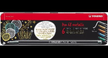 STABILO Pen 68 Metallic - Premium Metallic Viltstift - 6 Stuks Metalen Etui - 5 Verschillende Kleuren