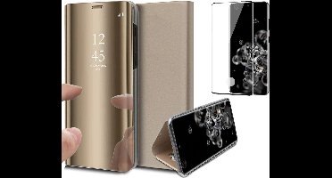 Hoesje geschikt voor Samsung S20 Ultra en Screenprotector Book Case Spiegel + Screenprotector Full - Goud