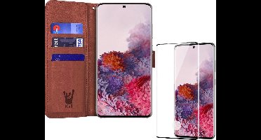 Hoesje geschikt voor Samsung Galaxy S20 - Screen Protector FullGuard - Book Case Kunstleer Pasjeshouder Bruin & Screenprotector