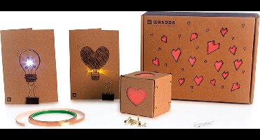 Whadda Tape-o-Tronics knutseldoos, creatieve DIY-projecten met karton en leds, solderen is optioneel, perfect voor makers en knutselliefhebbers, thema: valentijn, hartjes