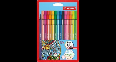 STABILO Pen 68 - Premium Viltstift - 15 Stuks Etui - 10 Standaard + 5 Neon Kleuren