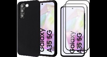 Hoesje geschikt voor Samsung Galaxy A35 - 2x Screenprotector Volledig Dekkend Glas - Mat Back Case Zwart