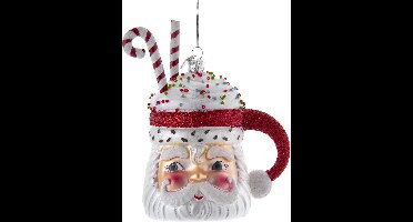 Kurt S. Adler Kerstornament - Kerstman Chocolademelk Mok - glas - wit rood - 13cm