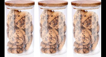 Voorraadpot/bewaarpot Foodking - 3x - borosilicaat glas - 950 ml - glas/hout - D9.5 x H16 cm - voedsel bewaren