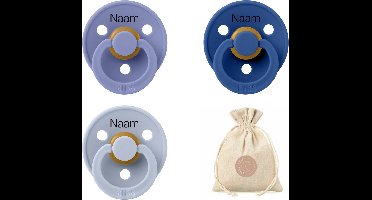 BIBS fopspenen met naam T1 + speenzakje BolleToet - Peri , Cornflower , Dusty blue - 0-6 maanden