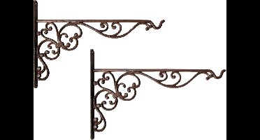 Esschert Design Muurhaak/plantenhaak met sierkrullen - 2x stuks - bruin - voor plantenpotten - gietijzer - 35 x 25 cm - hanging baskets