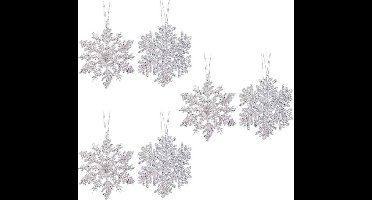 Decoris Kersthangers - 6x - zilver - sneeuwvlok/ster - 12 cm - Sneeuw thema kerstboomhangers