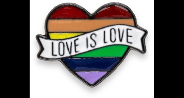 Love Is Love Enamel Pin – Hartvormige Progress Pride Pin met Banner – Inclusieve LGBTQIA+ Broche van Kinky Pleasure