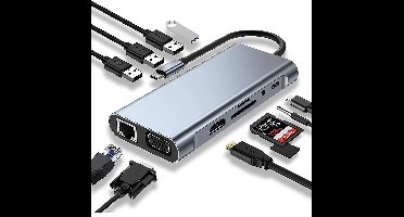 Goobay 11 in 1 USB-C Multiport Hub inkl. Qi LadegerŠt und Power Delivery mit 100W, Card Reader, 4K HDMI + VGA, Ethernet