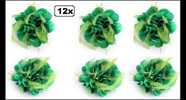 12x Luxe Broche bloem zijde met veertjes groen - clip/speld -Huwelijk trouwen bruiloft Themafeest party broche