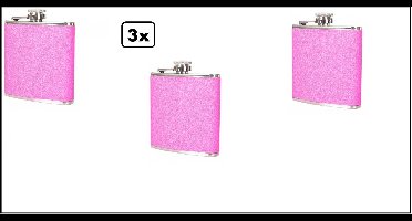 3x Drank flesje roze/pink glitter - metaal - Festival Thema feest evenement party carnaval fun