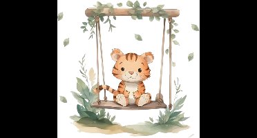 BoefieBoef Tijger op Schommel Muursticker – Babykamer Decoratie 30x90 cm – Zelfklevend Vinyl – Verwijderbaar zonder schade – Jungle Thema – BoefieBoef