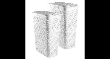 Plasticforte Smalle Wasmand met deksel Rotan - 2x - wit - gevlochten kunststof - 48 liter - 27 x 46 x 60 cm