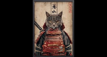 Kat als Samoerai Poster Ingelijst– 30x45 cm met Lijst | Japanse Kunstprint in Edo-Stijl – Unieke Wanddecoratie voor Woonkamer of Studio