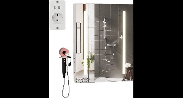 Bathroom Mirror Cabinet with Lighting Wall Cabinet Dimmable LEDBadkamermeubel- Bathroom Cabinet Adjustable Shelves Wood Storage Cabinet with Anti-Fog Mirror Hair Dryer Holder Cabinet for Toiletries EU Plug White