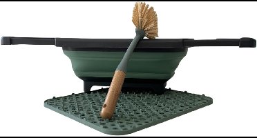 HEM Opvouwbare Afwasteil met Ingebouwde Stop 8L, Bamboe Afwasborstel en Groene Siliconen Afdruipmat 29,5x26 cm – Complete Set voor Camping en Thuisgebruik