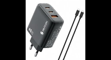 Siltcon® 3-in-1 Snellader USB-C 65W - USB C Adapter - Oplader USB-C - 2x USB-C PD 65W - 1x USB-A PD 22.5W - GaN - Universeel o.a. Telefoons, Laptops - 2 Meter 65W USB-C Snellaadkabel