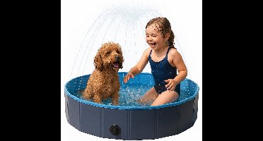 Hondenzwembad – Flamingo hondenzwembad met sproeiers – 120 x 30 cm – blauw/donkergrijs – opvouwbaar speelbad met watersproeiers – Flamingo Sprinkle