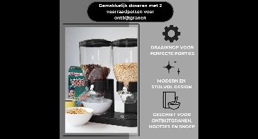 Cornflakes Dispenser – 2 Voorraadpotten – Luxe Zwart – Draaiknop voor Porties – Ontbijtgranen Dispenser
