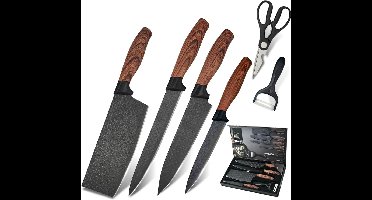 6 Delig Messenset - Keukenmessen van 6 - RVS & Koolstofstaal - Krasbestendig & Vaatwasserbestendig - Voor Dagelijks Gebruik - Voor Hobbykoks & Professionals - Zwart