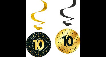 4x Swirls 10 jaar zwart / goud - Golden Celebrations - Verjaardag Feestje Hangdecoratie Versiering Feestdecoratie Decoratie